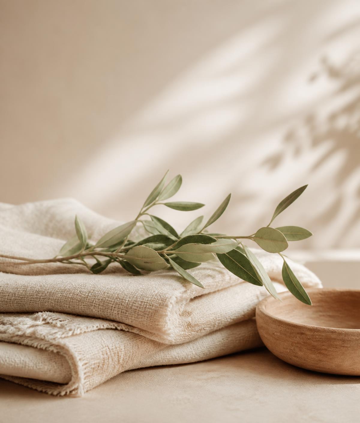 Folded cream linen with an olive branch and a wooden bowl in soft morning light